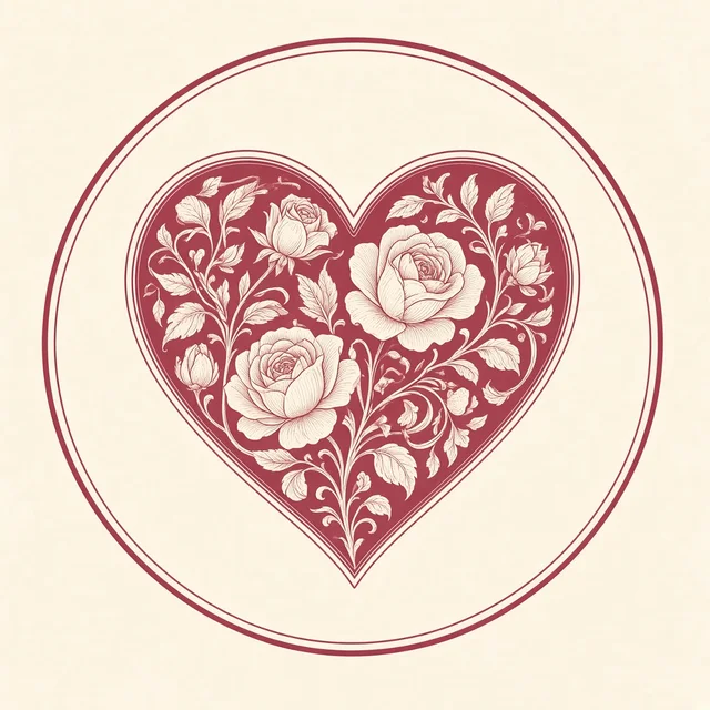 Engraved rose heart emblem on warm ivory