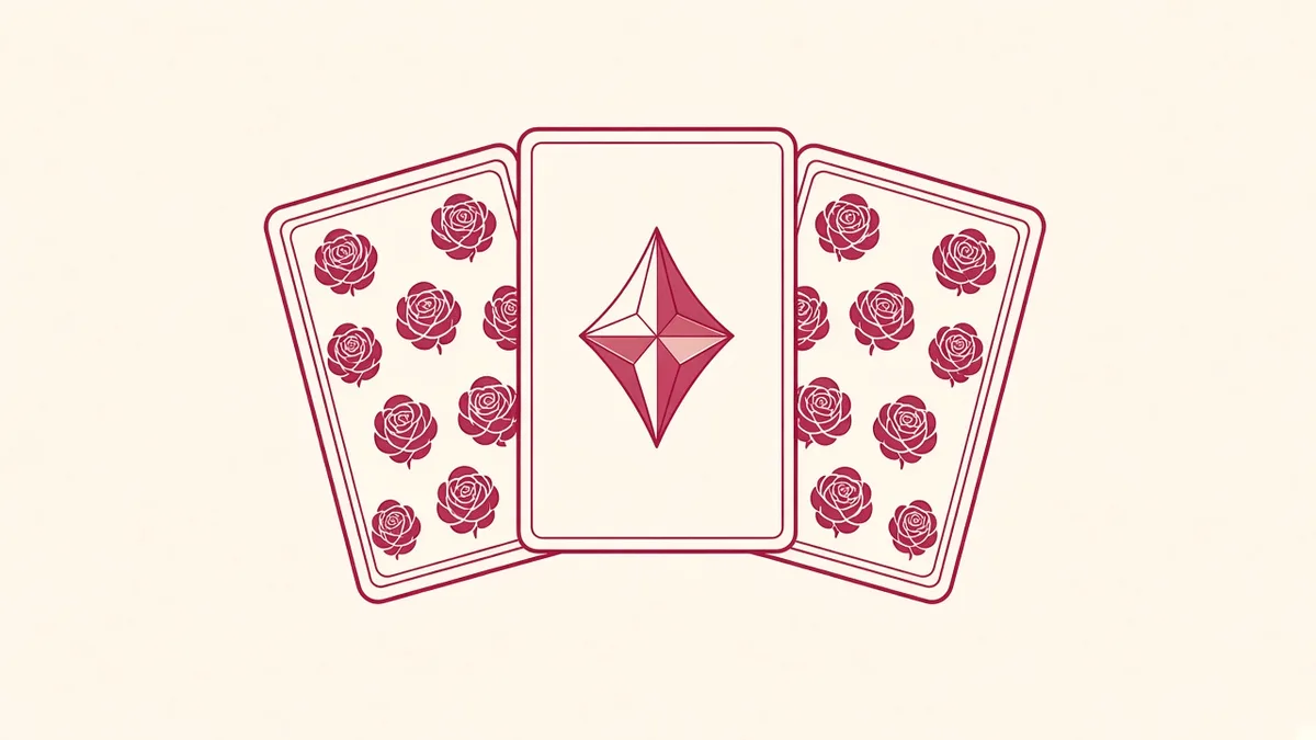 Ivory illustration of overlapping playing cards in rose ink