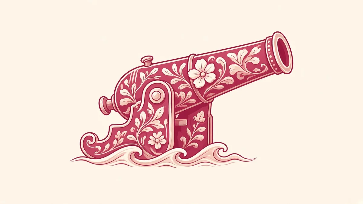 Ivory and rose illustration of a fishing-game cannon