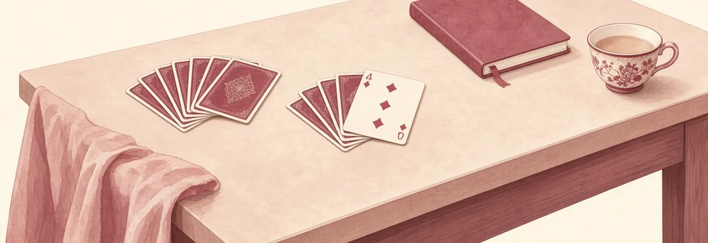 Rose and ivory illustration of a reading table with playing-card shapes