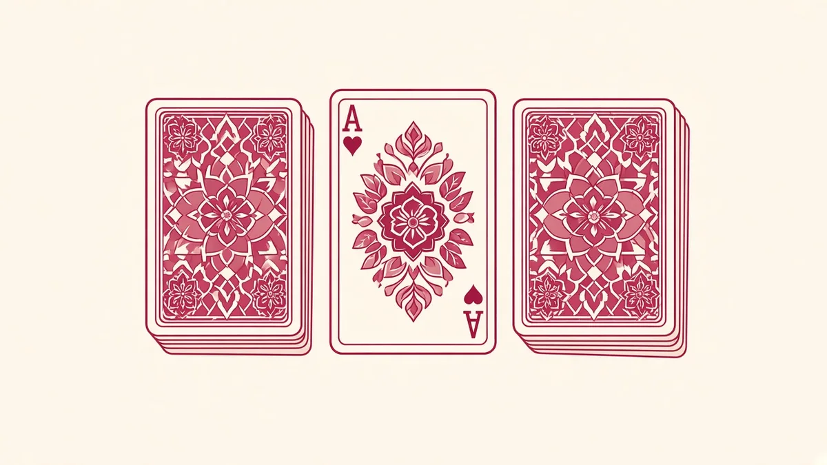 Ivory illustration of two card piles beside a middle card