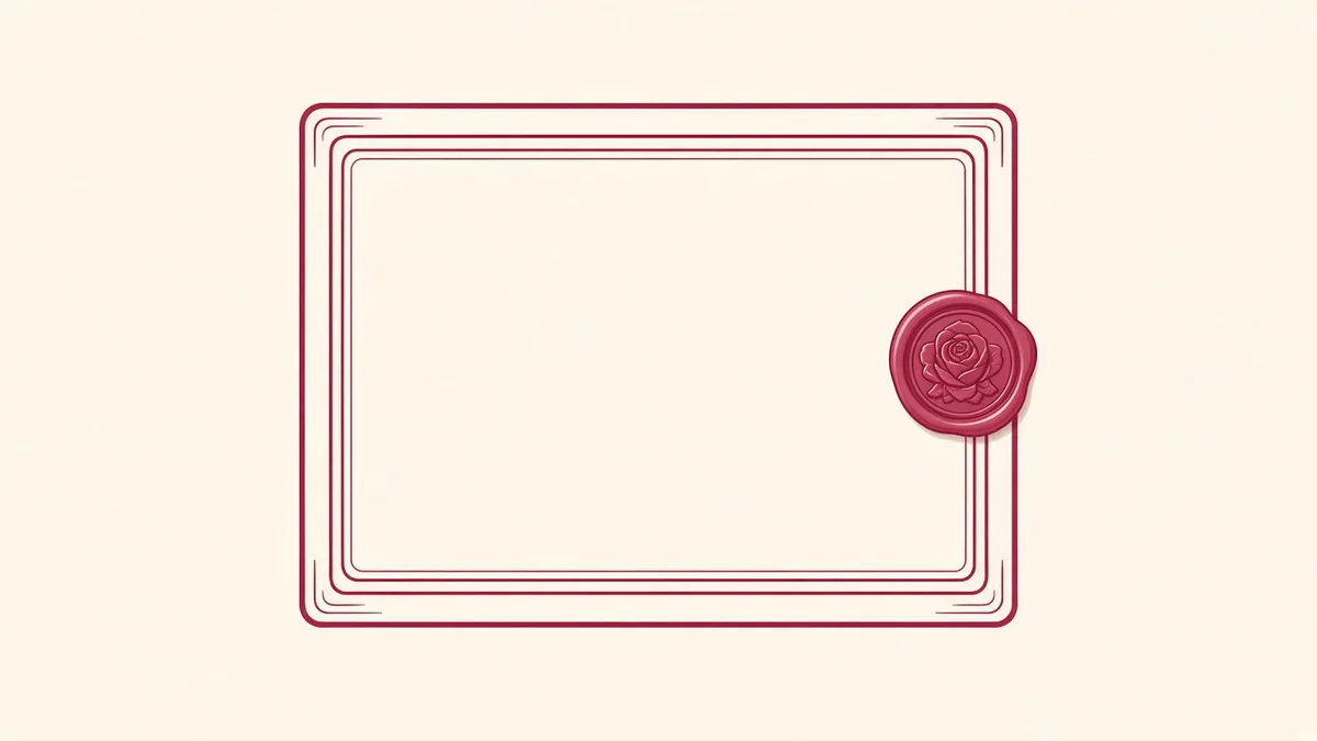 Ivory illustration of a folded promotion card with a rose seal