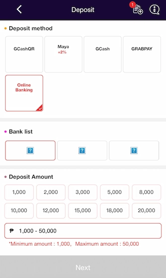 Step 1: Select the deposit method as Mobile Banking